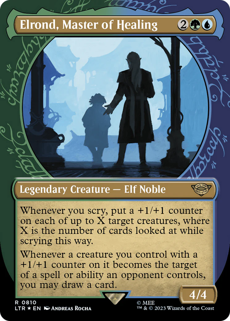 Elrond, Master of Healing (LTR-810) - The Lord of the Rings: Tales of Middle-earth: (Showcase) (Borderless) Surge Foil [Rare]