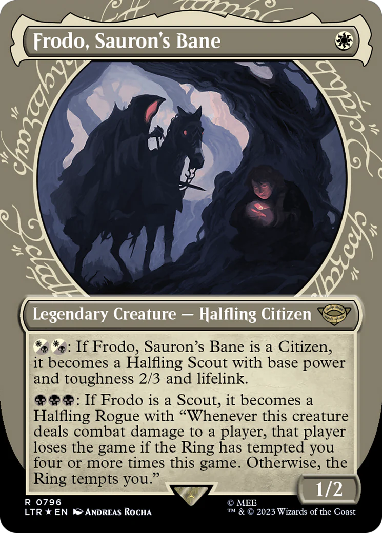 Frodo, Sauron's Bane (LTR-796) - The Lord of the Rings: Tales of Middle-earth: (Showcase) (Borderless) Surge Foil [Rare]