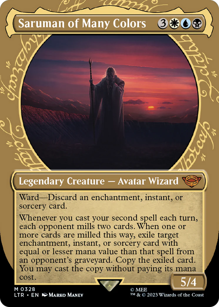 Saruman of Many Colors (LTR-328) - The Lord of the Rings: Tales of Middle-earth: (Showcase) (Borderless) Foil [Mythic]