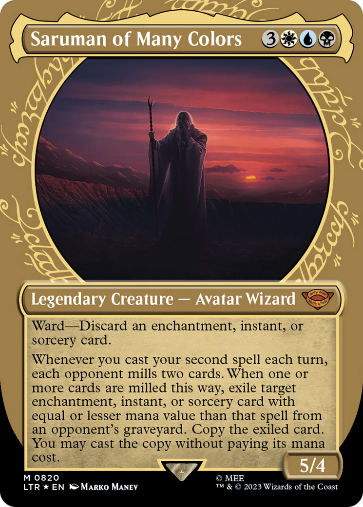 Saruman of Many Colors (LTR-820) - The Lord of the Rings: Tales of Middle-earth: (Showcase) (Borderless) Surge Foil [Mythic]