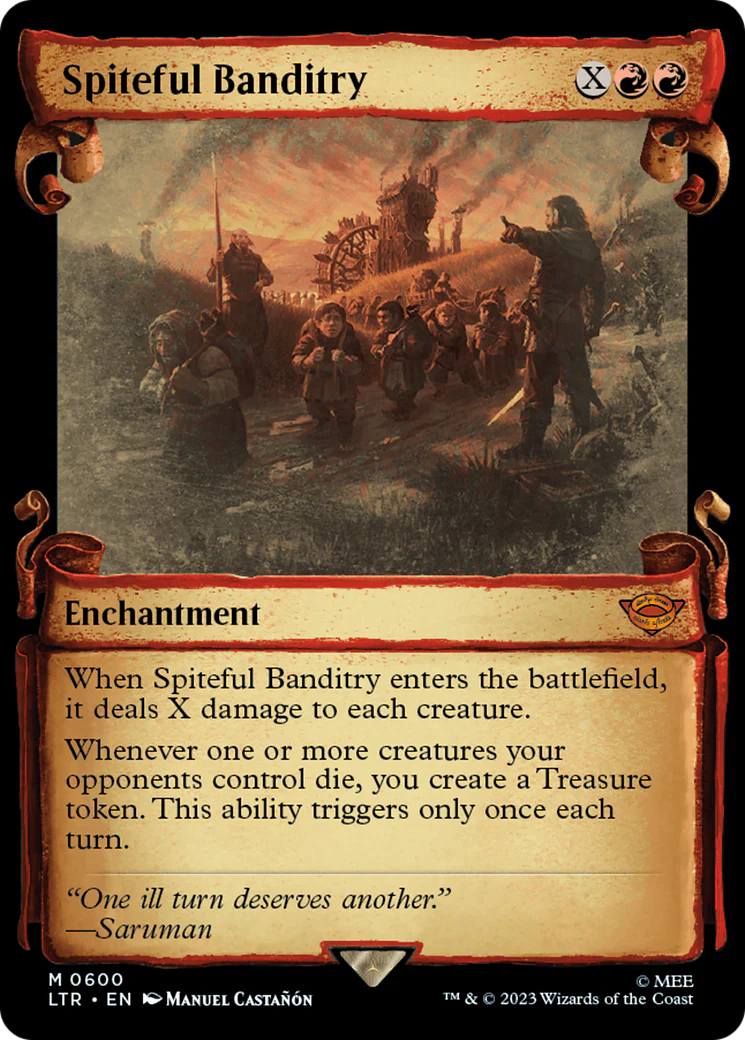 Spiteful Banditry (LTR-600) - The Lord of the Rings: Tales of Middle-earth: (Showcase) Scroll Foil [Mythic]